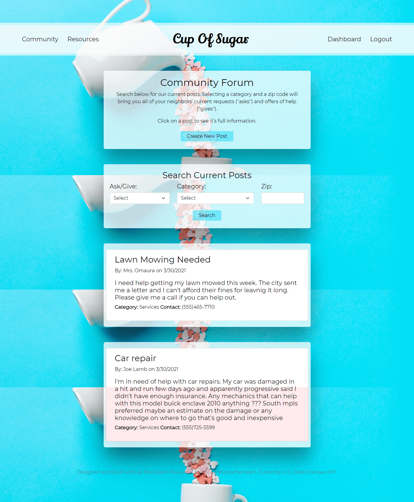 a screenshot of the search page of the cup of sugar app